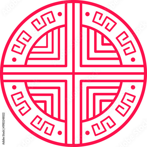 Red circular traditional Asian shou symbol representing longevity and good fortune on white