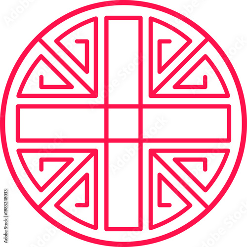 Circular red outline drawing featuring a traditional complex geometric symbol