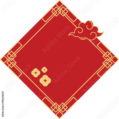 Red and gold Chinese new year diamond frame featuring auspicious cloud and golden coin elements