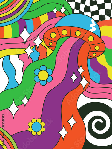 Abstract illustration featuring a vibrant flying saucer emitting a beam of flowing retro colors