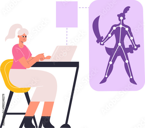 Woman animating virtual character using a laptop program and 3D rigging software