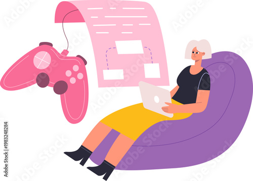 Woman coding, sitting on bean bag chair, managing game development process