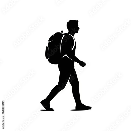 Man Walking with Backpack Silhouette Profile.