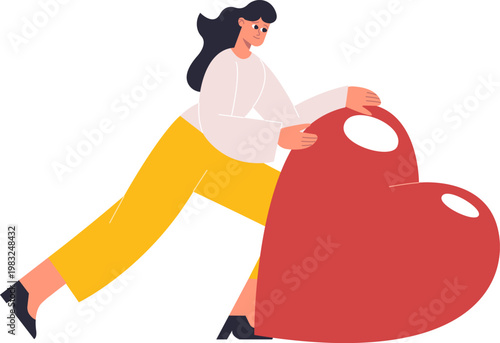 Woman pushing a large red heart, symbolizing giving and support