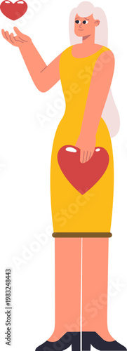 Woman holding a large heart and offering a smaller heart, symbolizing love and sharing