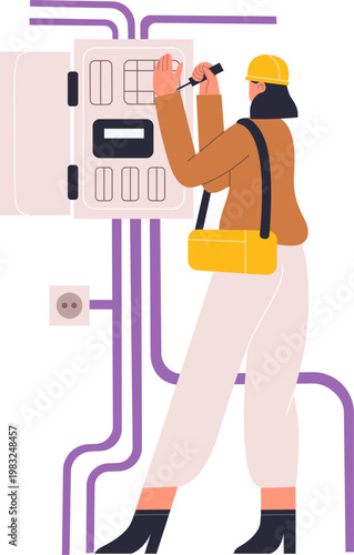 Woman technician wearing hard hat fixing electrical distribution box with a tool