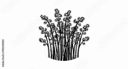 Black and white illustration of a dense clump of bamboo stalks with leaves