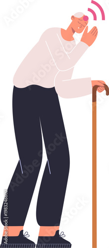 Senior man suffering from headache holding forehead, leaning on a cane