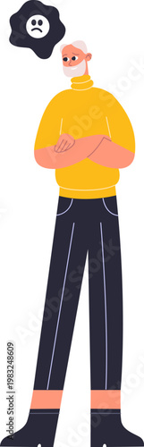 Senior man standing with crossed arms, having thoughts of sadness and anxiety