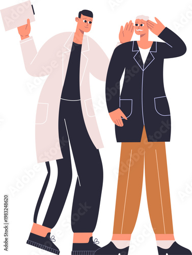 Doctor explaining to a senior man cupping his ears, indicating hearing problems