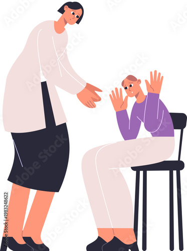 Female therapist extending hand to a frightened patient showing fear and anxiety during a session
