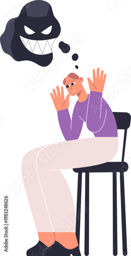 Scared woman sitting, raising hands, having a disturbing thought bubble with a monster