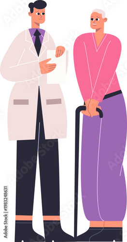 Doctor talking to an older person holding a walking stick about health support