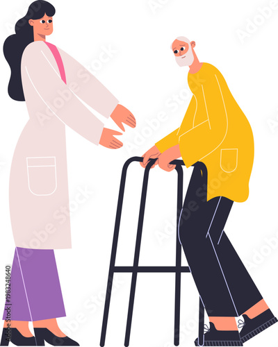 Caregiver assisting senior man with a walking aid, symbolizing support and rehabilitation