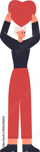 Character holding a big red heart above head, symbolizing love, care, and sharing