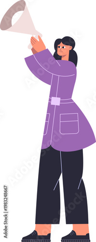 Woman holding a megaphone, speaking out loud, announcing or promoting a message