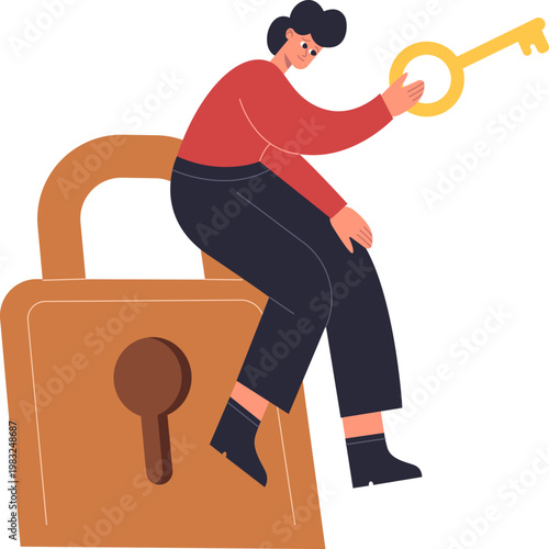 Person sitting on a padlock holding a key, symbolizing unlocking security or finding a solution