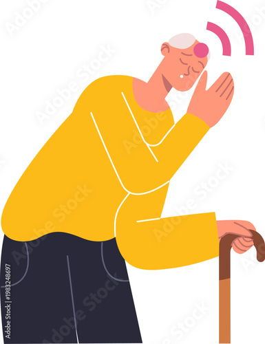 Senior man suffering from a headache holding his head while leaning on a cane