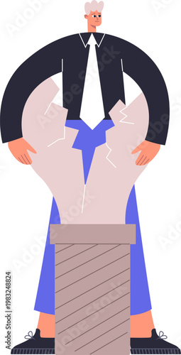 Businessman looking at a broken light bulb, symbolizing a failed idea or lack of solution