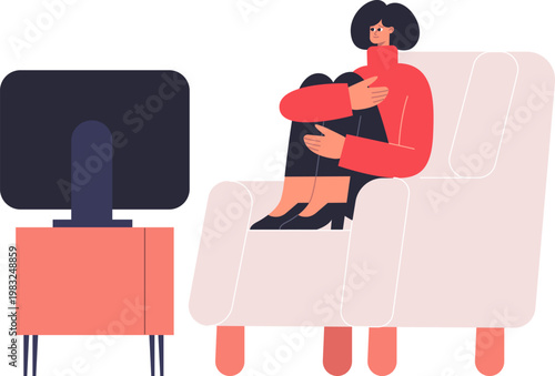 Woman feeling lonely, watching television and embracing her knees at home