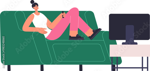 Woman lying on a sofa holding a remote control, watching television