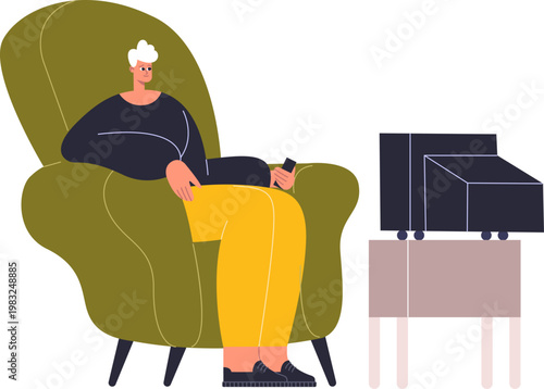 Adult person sitting on armchair watching TV at home, enjoying leisure time