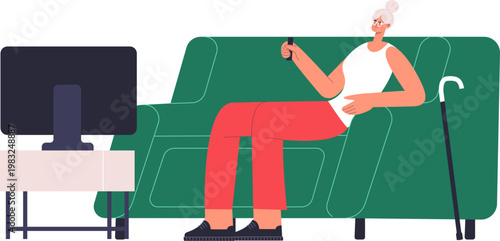 Senior woman is sitting comfortably on a green couch, holding a remote control, watching TV