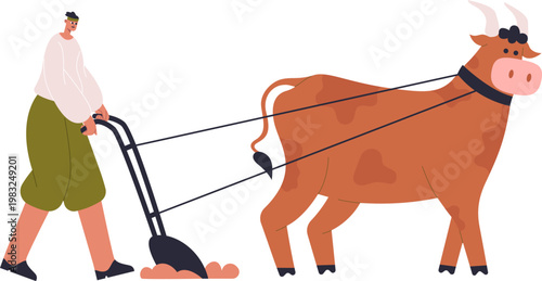 Farmer plowing soil with an ox as an ancient agricultural practice setup