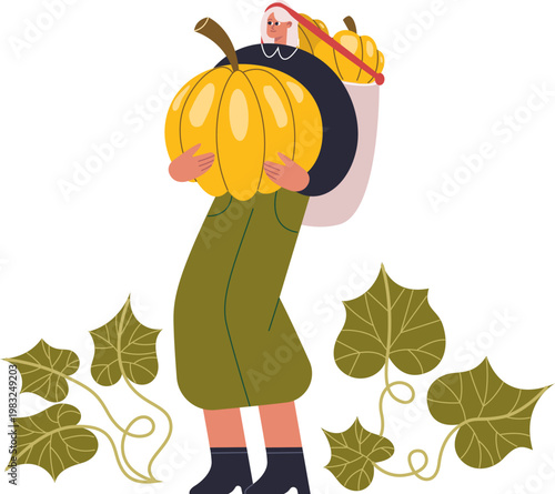 Woman carrying a large pumpkin and a sack full of pumpkins from a vine field