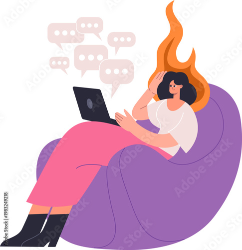 Woman sitting on a beanbag with a laptop, her head symbolizing burnout from digital messages