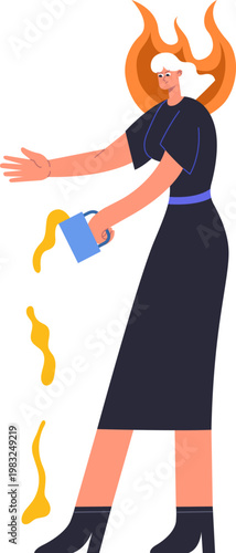Woman with flames above head spilling coffee from mug, symbolizing stress and losing control