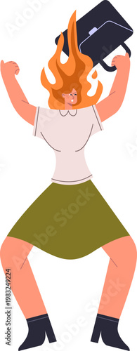 Angry businesswoman holding briefcase, her hair on fire, representing stress and overwork
