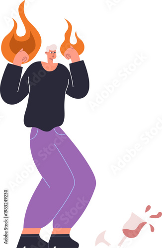 Man holding fire in his hands, experiencing stress and a moment of emotional outburst