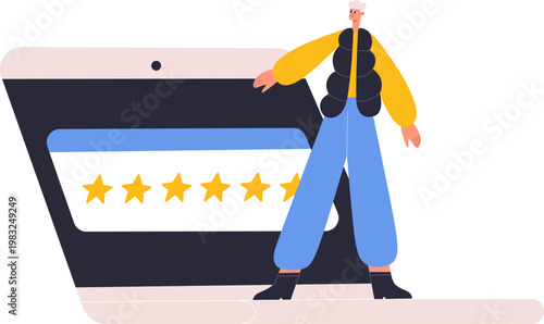 Person standing on a laptop with a five star rating system displayed on the screen