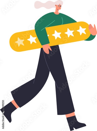Woman presenting excellent customer service or product feedback with a star rating