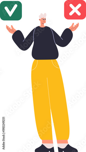 Young man analyzing choice between correct checkmark and incorrect cross