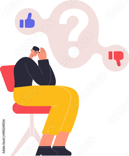Person sitting, pondering choices with question mark, like, and dislike symbols