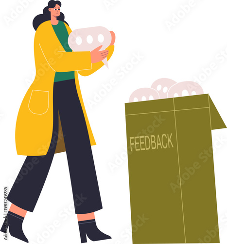 Woman holding a speech bubble, contributing opinions into a feedback box with comments