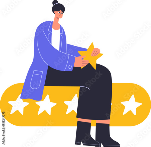 Woman sitting on a star rating bar, carefully placing a star