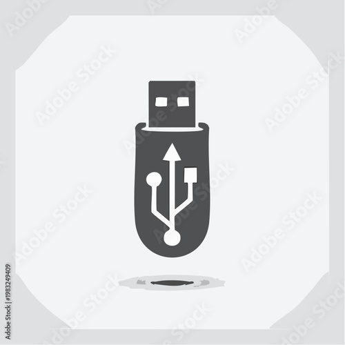 Vector graphic of a USB flash drive icon symbolizing data storage and transfer on a light gray background with a subtle shadow