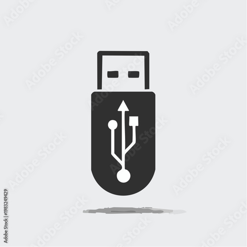 Simple black icon of a USB flash drive with USB symbol, representing digital data storage and portable technology