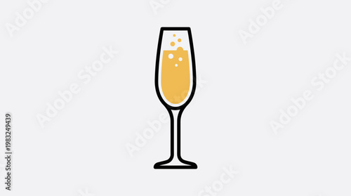 Golden champagne flute filled with sparkling beverage and bubbles, isolated on white background