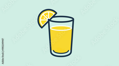 Simple vector illustration of a refreshing glass of lemonade or juice with a lemon wedge, symbolizing summer drinks, health, and citrus flavors