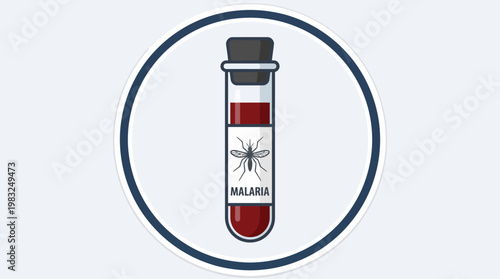 An illustrative icon depicting a test tube with a blood sample, marked for malaria diagnosis, symbolizing medical testing and disease detection in healthcare