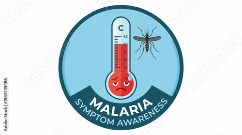 Malaria Symptom Awareness Circle Graphic with Thermometer and Mosquito