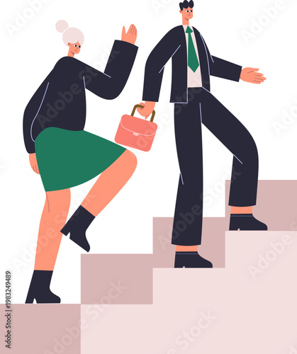 Business people ascending a staircase, representing career growth and collaborative advancement