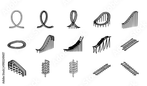 Roller coaster track vector icon set with amusement park ride elements in flat design isolated on white background