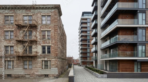 Old and modern apartment buildings urban contrast