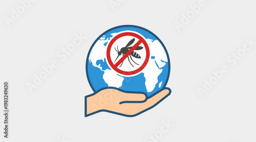 Illustration of a hand holding a globe with a mosquito crossed out, symbolizing mosquito control and disease prevention
