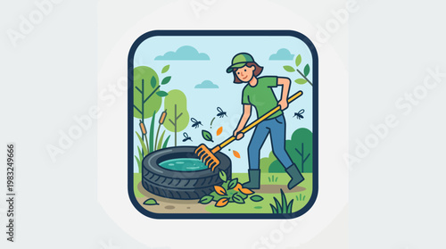Gardening and yard work illustration featuring a person raking leaves near a water feature